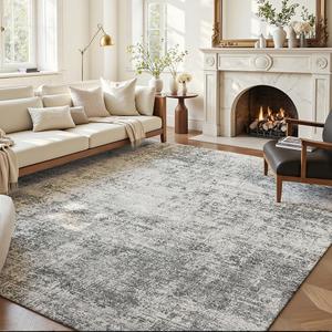 Area Rug 6x9 Washable Rug Light Grey for Living Room, Dining Room, Bedroom, Large Carpets, Non Slip & Non-Shedding Low Pile Vintage Print Rug for Home Office Decor
