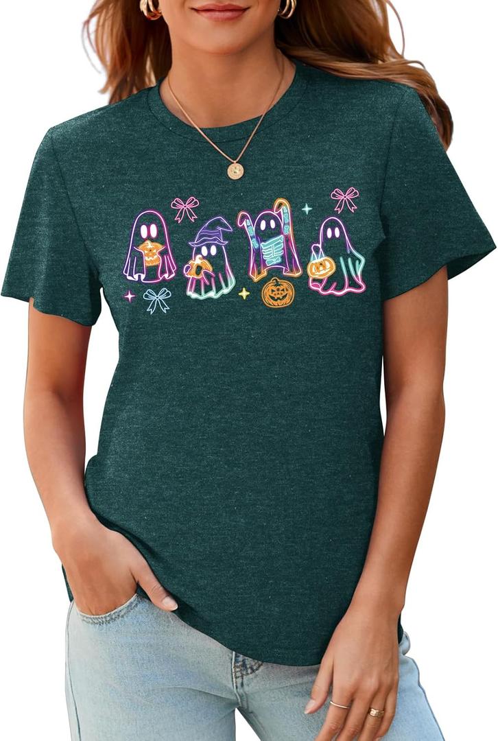 Halloween Spooky Season Cute Ghost T Shirt for Women Crewneck Fall Pumpkin Colorful Graphic Tee Tops (XL)