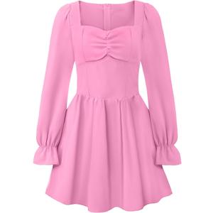 EXARUS Girls Long Sleeve Dress Tween Square/Sweetheart Neck Mini Ruched Short Formal Graduation Party Dance Dresses (Pink)