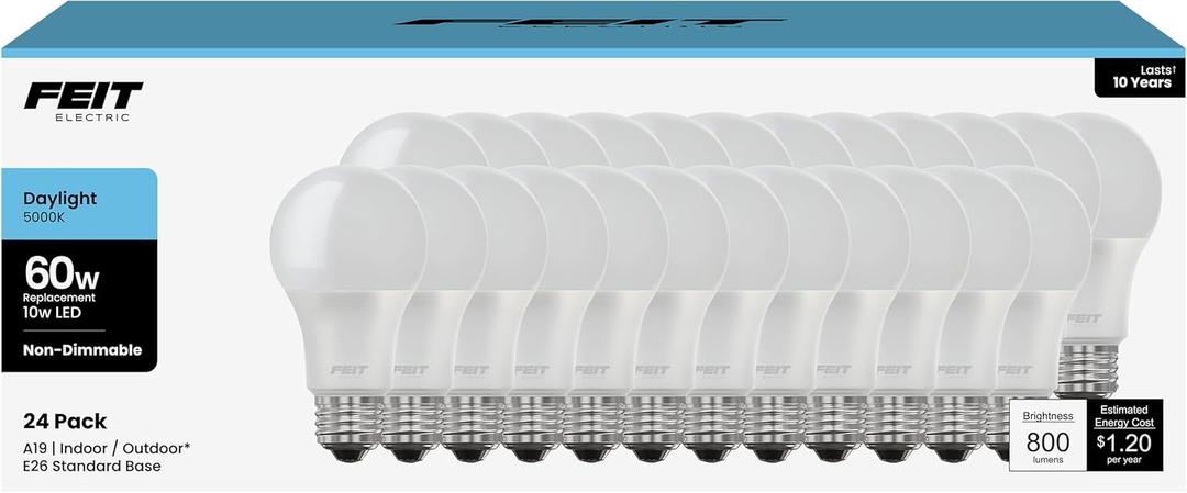 Feit Electric A19 LED Light Bulbs, 60W Equivalent, Non Dimmable, 800 Lumens, E26 Standard Base, 5000k Daylight, 80 CRI, 10 Year Lifetime, Energy Efficient, 24 Pcs, A800850/10KLED/MP/24