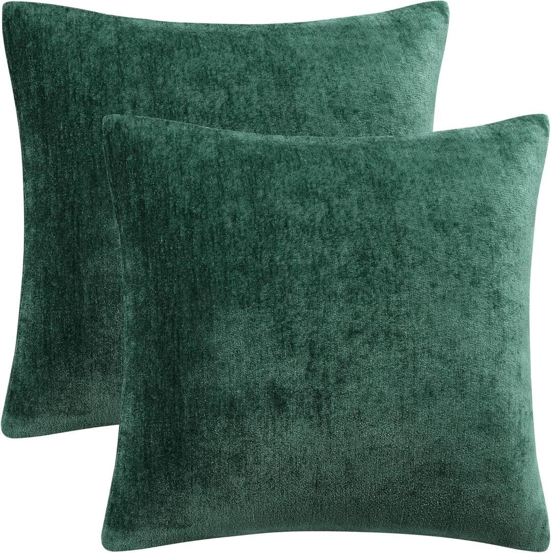 PiccoCasa Set of 2 Chenille Throw Pillow Covers, Soft Decorative Cushion Covers Water Repellent Couch Pillowcase Home Cute Pillowcases for Sofa Car, 18x18 Inch Emerald Green