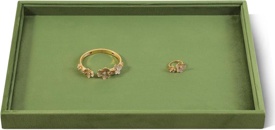 Velvet Stackable Jewelry Display Flat Tray For Ring Earring Necklace Bracelet, Bangle Pendant Storage Blank Plate, Shop Countertop Jewelry Dish Organizer (Olive Green)
