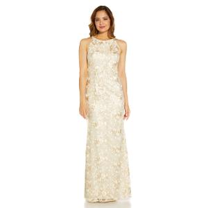 Adrianna Papell Floral Embriodery Cutaway Halter Gown, Ivory Multi, 10