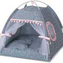 Gigreinc Cat Princess Indoor Tent House,Pet Dog Cute Floral Cave Nest Bed,PortableDogTents(M:38x38x36cm/15x15x14inch, Roses Gray)