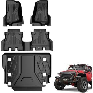 Floor Mats & Cargo Liner Compatible for Jeep Wrangler JL 2018-2026 4 Door Sahara Rubicon without Subwoofer (Non JK or 4XE) All Weather Wrangler Floor Liner for 1st, 2nd Row and Trunk Full Set Car Mats