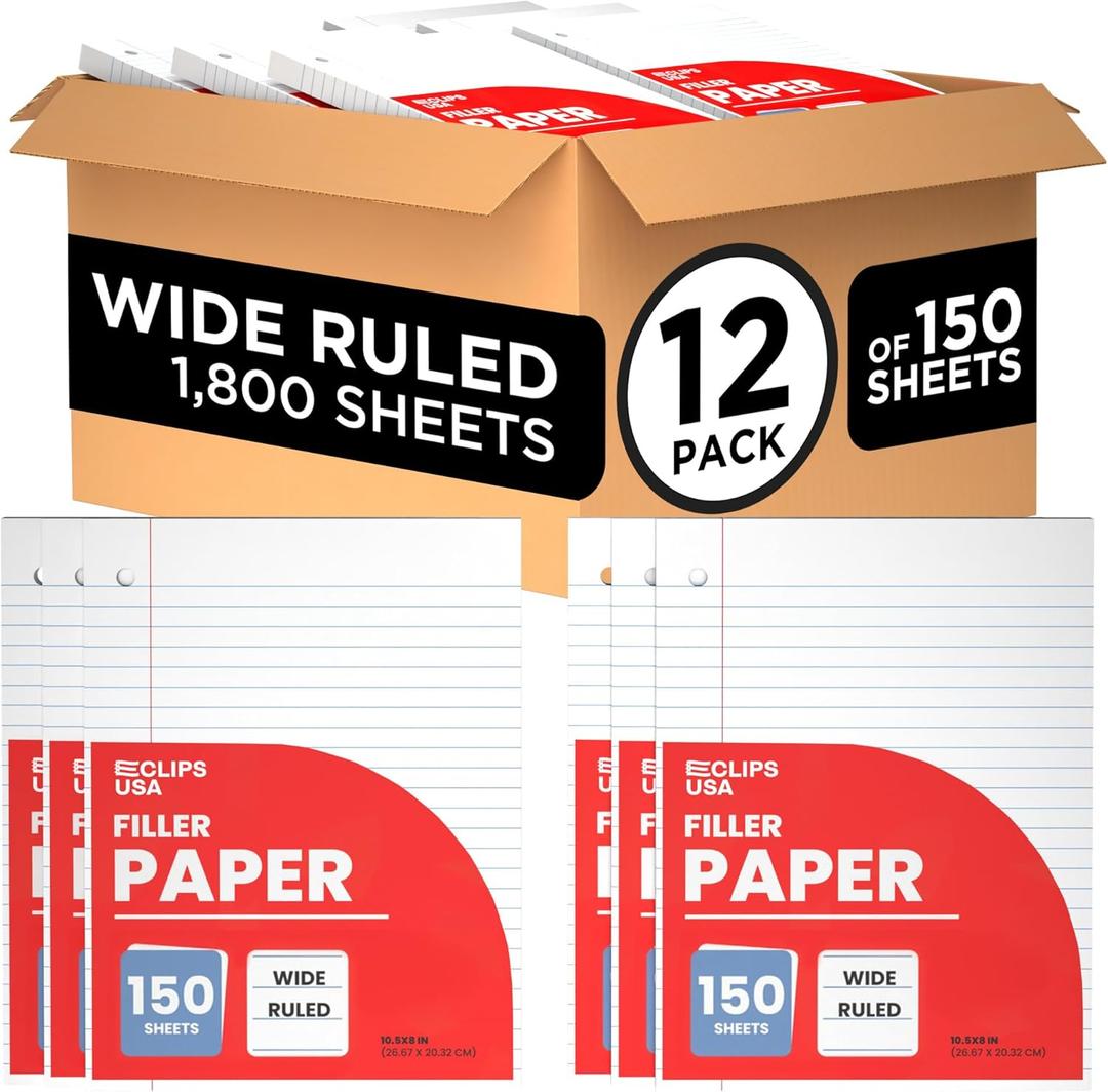 Wide Ruled Loose Leaf Paper Wide Ruled Notebook Paper Lined Writing Filler Paper 10.5 x 8 56 gsm 1800 Sheets 150 Sheet Per Pack (12 Pack)