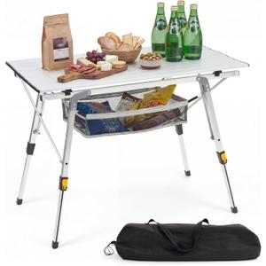 Camping Table Portable Foldable with Adjustable Legs, Aluminum Roll Up Table with Large Mesh Storage Layer & Carrying Bag, Lightweight Outdoor Picnic Table for Camping, Beach, BBQ, Backyard, 35.4 inches x 20.3 inches x 25.8 inches