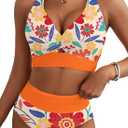 Herseas Women's 2 Piece Bikini Sets Twist Front Top Lily Print Swimsuits High Waisted Bathing Suit Beach Summer Swimwear (Orange, M)