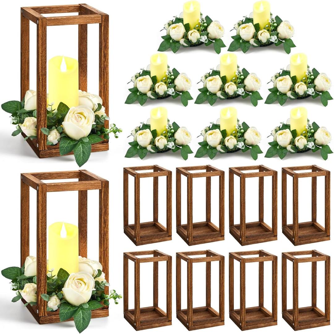 Sabary 30 Pcs Eucalyptus Wedding Lanterns Centerpiece Include Wooden Candle Holders No Batteries Candles Rose Wreaths for Farmhouse Rustic Table Decorations Country Party Gift (Beige Flower)