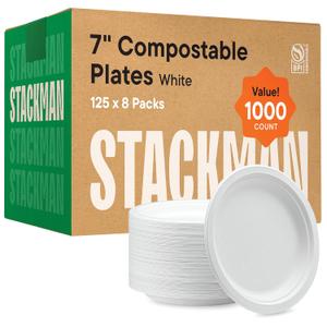 100% Compostable Paper Plates 7 Inch [1000 Count] Heavy-Duty Dessert Plates - Natural White Color Unbleached Bagasse - Eco-Friendly Disposable Biodegradable Sugarcane Plates - [Bulk Case 8/125 Pack] (7" Round -- 1000 Pack)
