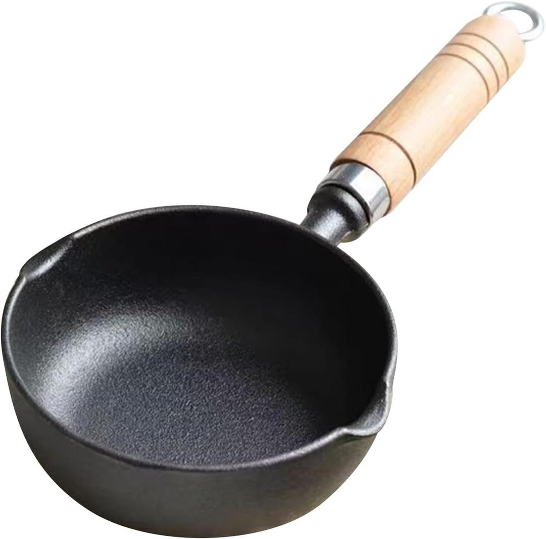 Mini Cast Iron Skillet, 4.3 inch Mini Egg Frying Pan Melting Pot with Double Drip Spouts, Small Frying Pan Oil Heating Pan Milk Butter Warmer Pot with Wood Handle for Indoor Outdoor Cooking