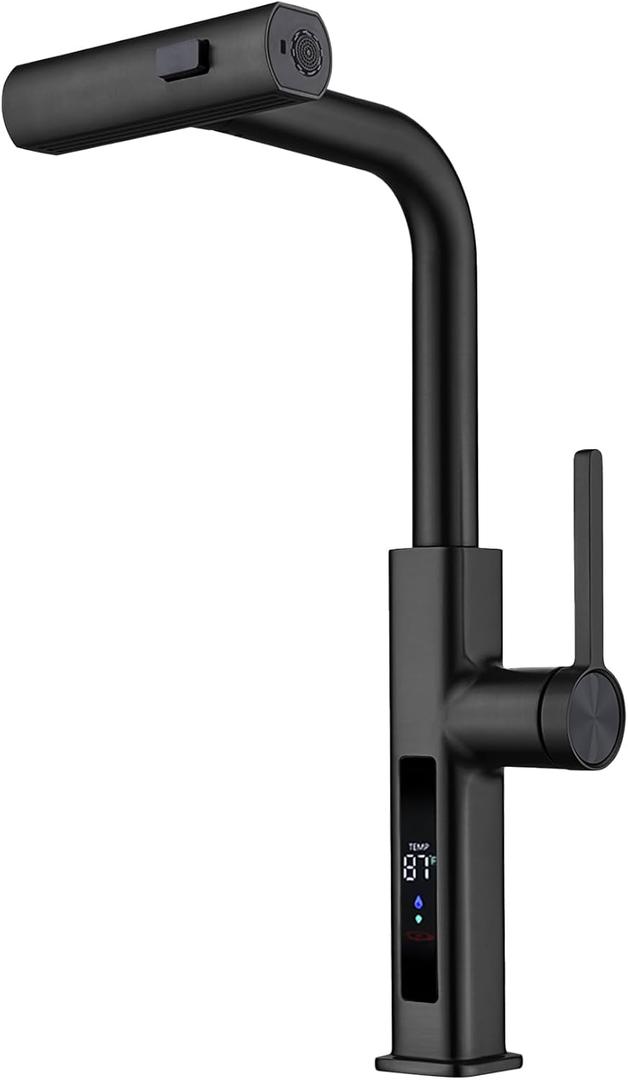 Lefton Pull-Out Waterfall Kitchen Faucet with Temperature Display, Two Water Outlet Modes, Single Hole, Matte Black, KF2209-3
