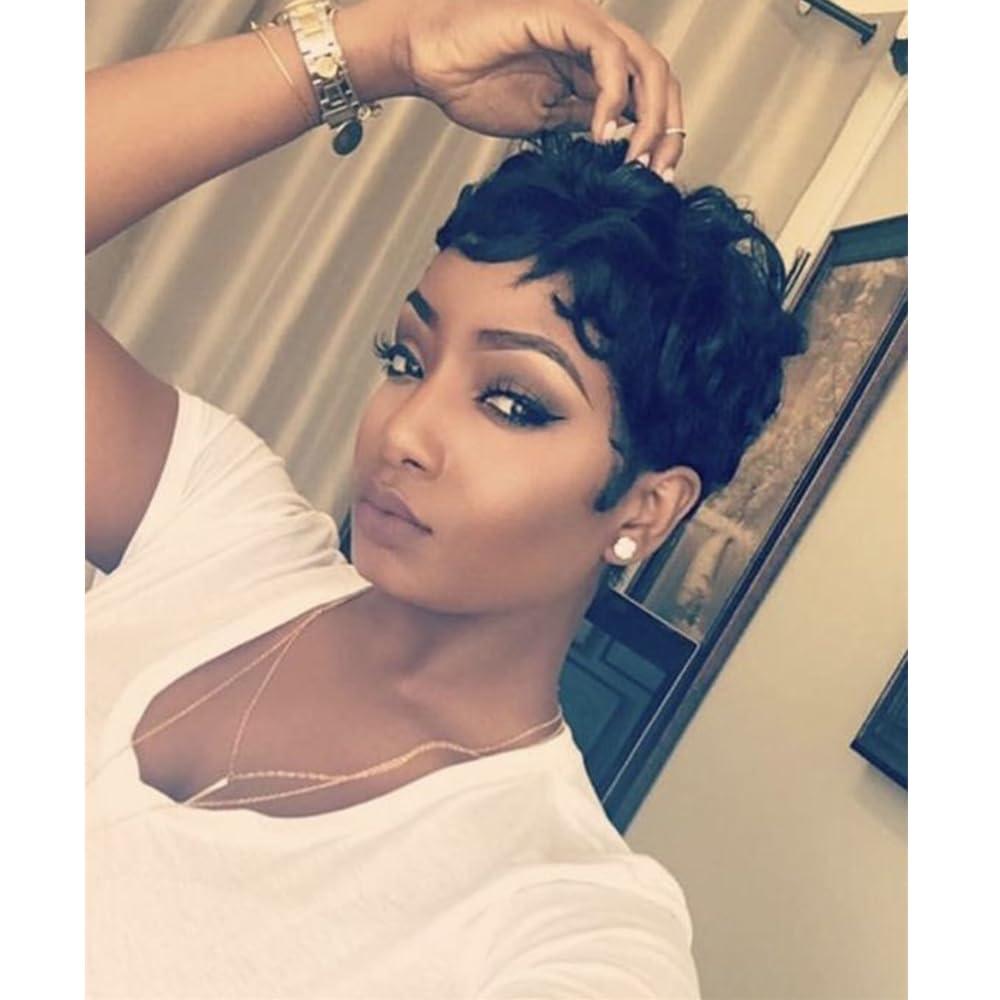 Natural Black Pixie Cut Wig for Black Women Synthetic Pixie Wigs Curly Short Wigs for Black Women Black Layered Wig with Bangs Wavy Short Curly Wig(Black)