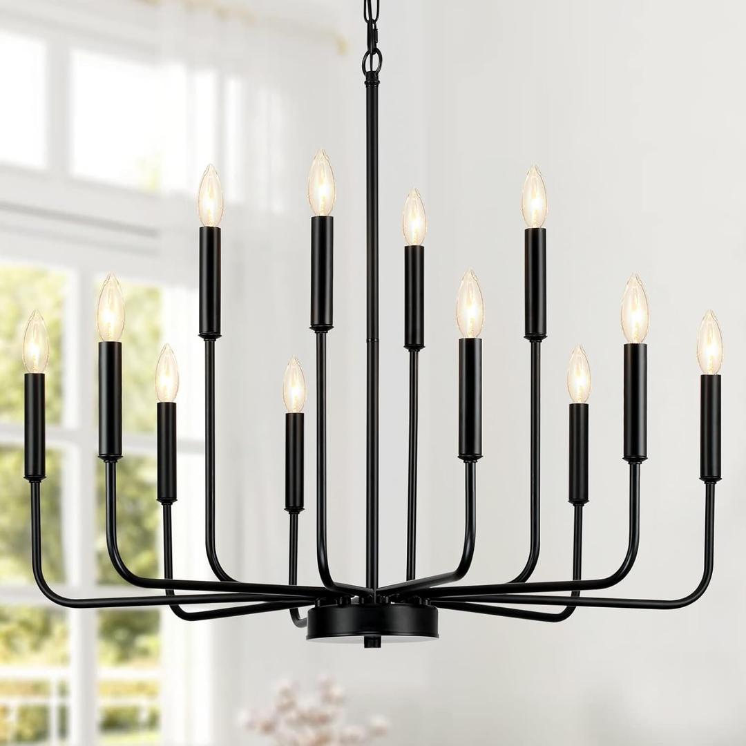 Black Chandeliers for Dining Room Light Fixture Over Table, Modern Farmhouse Chandeliers for Living Room,12-Lights Industrial Metal Candle Lighting Fixtures for Entryway Kitchen Island Foyer