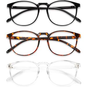 Przene 3 Pack Blue Light Blocking Glasses Women/Men, Retro Round Computer Glasses Anti Eye Strain/UV/Glare, Gaming Glasses. (Black/Crystal/Amber)