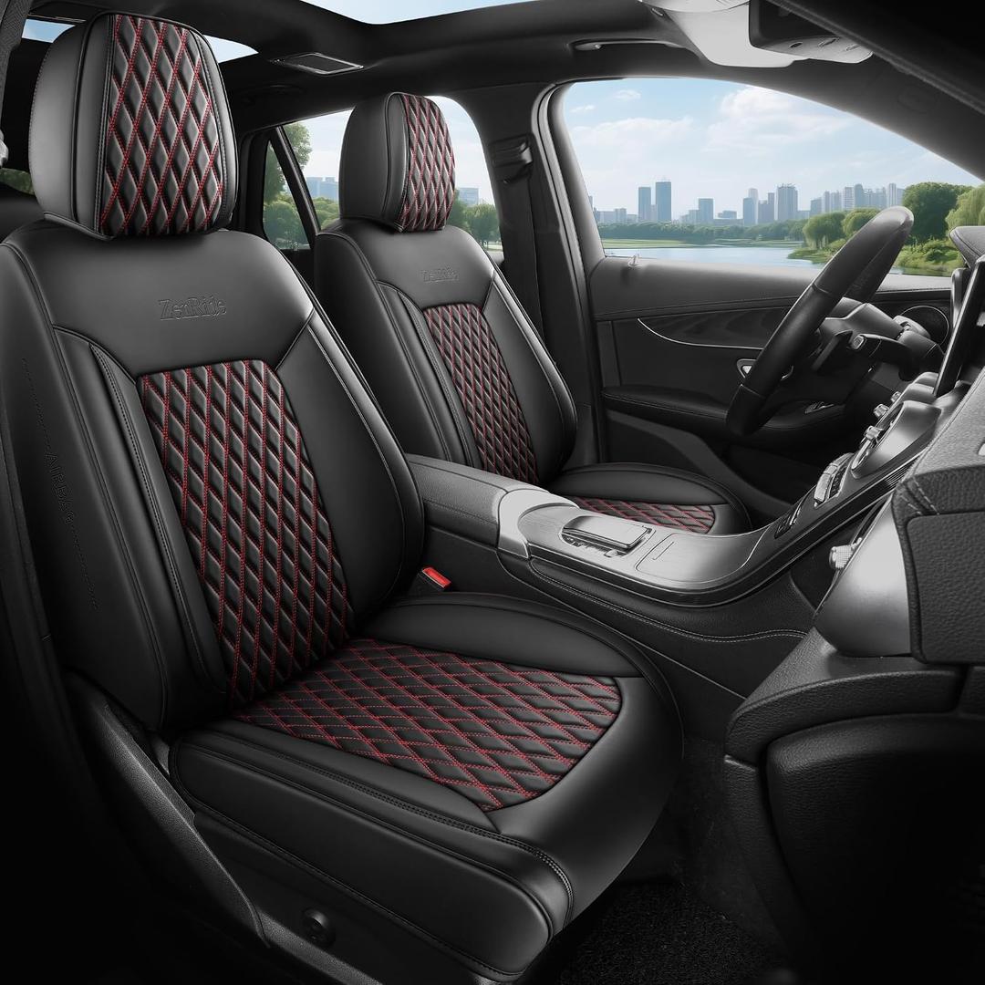Front Automotive Seat Covers 2PCS,Thick Luxury Nappa Leather 3D Design Universal Fit Automotive Seat Covers & Accessories Waterproof Car Seat Covers SUV Truck,Style1 Black Red Line