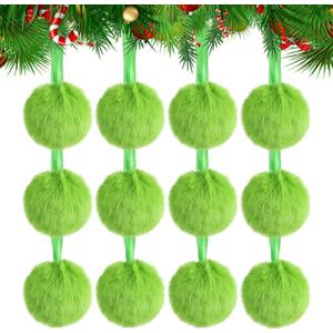 12Pcs Lime Green Christmas Ornaments Furry Ball Christmas Tree Decorations Faux Fur Balls Hanging Decor Xmas Home Party Supplies