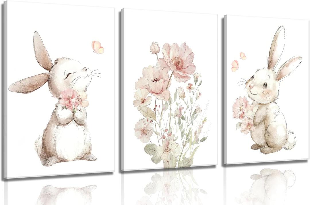 Grengel Pink Girl Nursery Bunny Canvas Wall Art Cute Rabbit Wildflowers Painting Pictures Wall Decor Botanical watercolor Flower Poster printing artwork For Baby Boys and Girls Playroom paintings, 24L" x 16W"