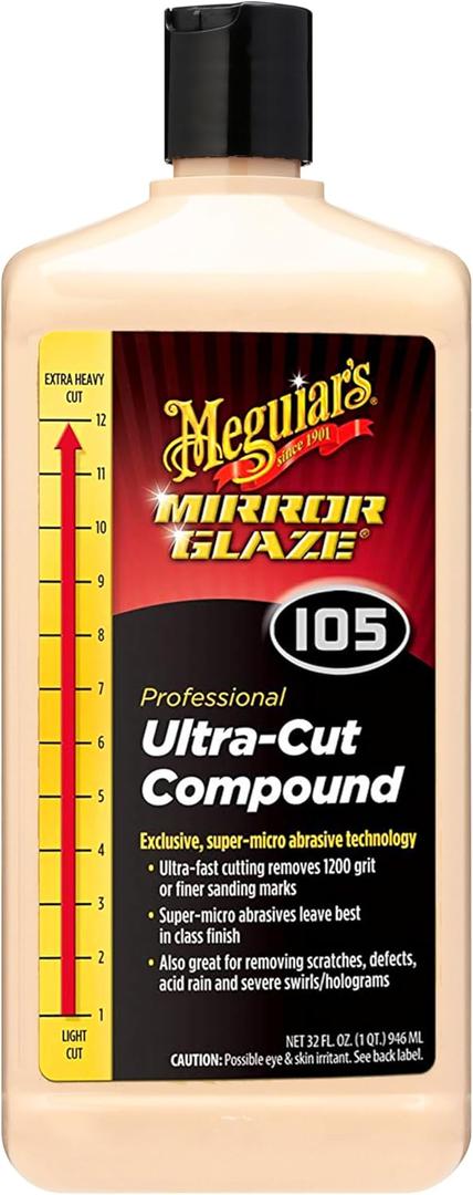 Meguiars Mirror Glaze M105 Ultra-Cut Compound, Car Rubbing Compound for Removing Scratches and Heavy Swirls While Adding Shine, Safe and Effective on All Glossy Car Paint and Clear Coats, 32 oz