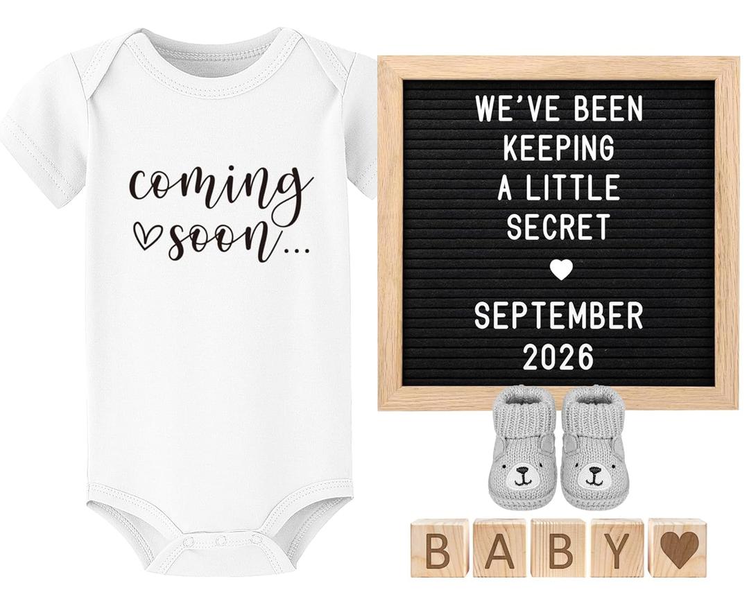 Coming Soon Baby Announcement Ideas, Surprise Pregnancy Announcement for Grandparents Dad Husband Family- Gender Reveal Baby Shower Gifts- Felt Letter Board, Onesie,Booties, Wooden Blocks (White Bodysuits)