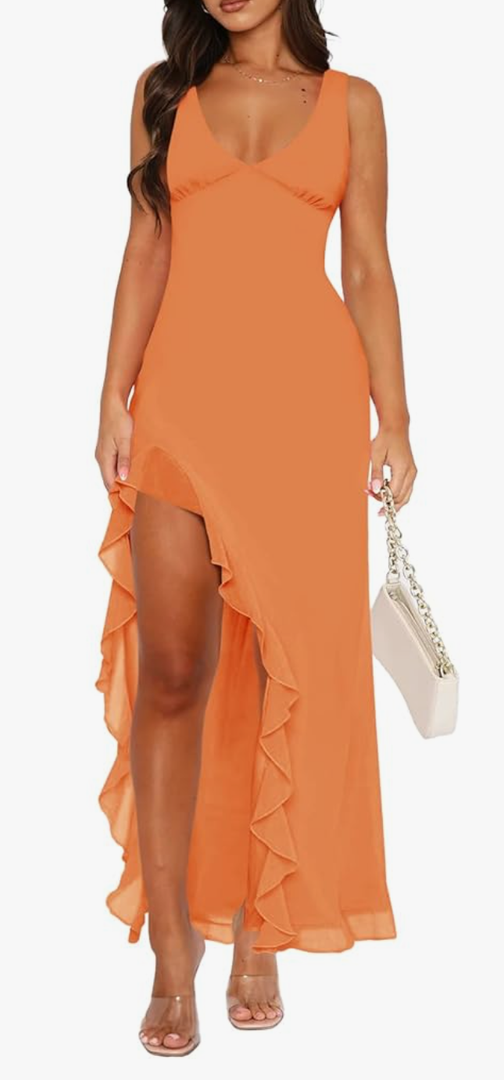 Women Sexy V Neck Sleeveless Mesh Ruffle Hem Bodycon Maxi Casual Backless High Slit Cocktail Party Dress, Medium