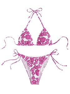 MakeMeChic Women's Halter Tie Side Triangle Bikini Set high cut 2 Piece Bikini Swimsuit Bathing Suit Hot Pink and White, L