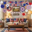 3 x 4th of July Decorations Set – USA 250th Anniversary Patriotic Red White Blue Paper Fans, Banner, Pom Poms & Hanging Swirls for Independence Day