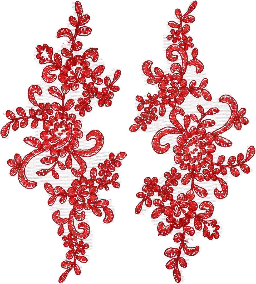 uxcell 2 Pcs Flower Lace Appliques 3D Embroidery Lace Patch Sewing Addition Embellishments for Wedding Bridal Dress Clothes DIY Crafts Accessories Decoration, Red (23cm) (9 x 4 inch)