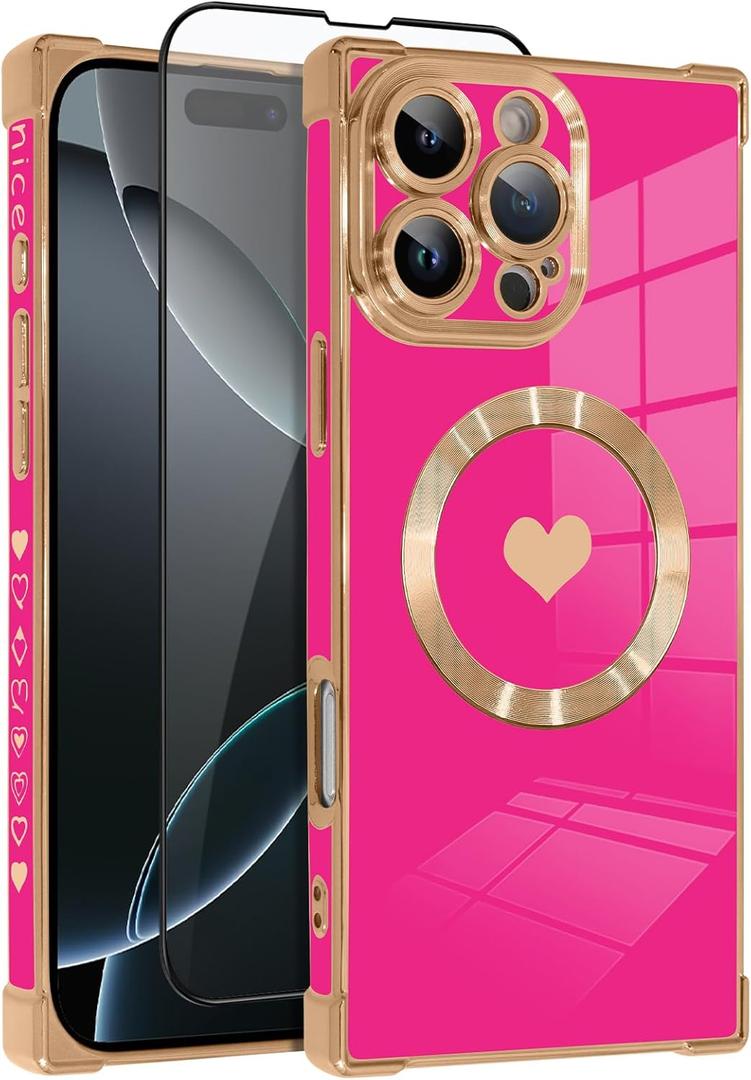 OOK Magnetic Case for iPhone 16 Pro Max 6.9 Inch [Wireless Charging Compatible] Soft TPU Heart Design Phone Cover with Screen Protector Shockproof Protection Slim Case for Women - Hot Pink