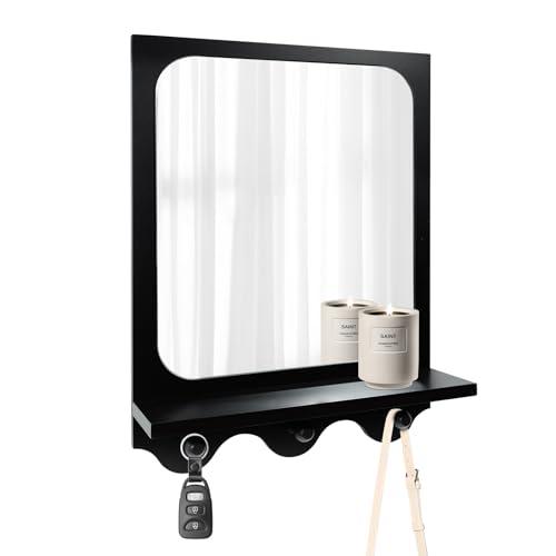 Snazzify 16x12 Inch Wall-Mounted Mirror with Shelf and Hooks, White Decorative Entryway Mirror with Storage for Hallway, Bathroom, or Bedroom - 4in Shelf Width, Black