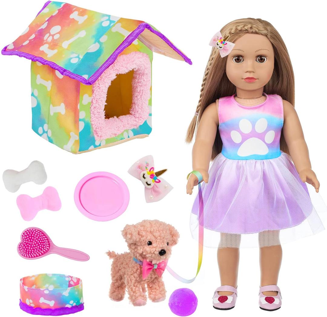 American 18 Inch Doll's Clothes and Accessories Pets Dog Play Sets for 18" Doll Included Dress,Pets Dog,pet Nest, Toy Ball, Hair Comb