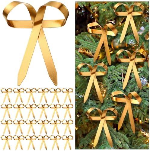Daifunli 24 Pcs Gold Metal Christmas Bow Ornaments for Christmas Tree Garland Wreath Bulk Bow with Clip Ornament Vintage Indoor Outdoor Home Xmas Party Decorations, 4 x 5 Inches