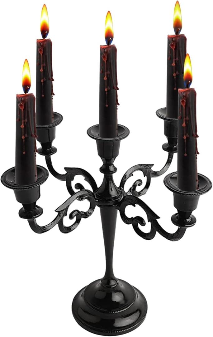 5 Arm Glossy Black Candelabra Taper Candle Holders Halloween Decorations Indoor Kitchen Décor Table Candles Candlestick Candelabra Centerpiece Gothic Home Decor Wedding 10 Inch Tall Metal Candelabra