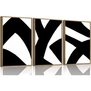 OIQArtOIQ 3 Piece Large Abstract Canvas Wall Art For Living Room Black and White Framed Wall Art Geometric Minimalist Modern Aesthetic Art Prints Artwork For Bedroom Office Dining Room 12x16 in