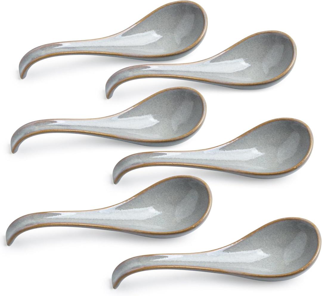 LYEOBOH Ceramic Asian Soup Spoons Set of 6 with Long Handle for Kitchen, Restaurant, Japanese Ramen Spoons with Deep Hook Design, Dishwasher & Microwave Safe, Gray