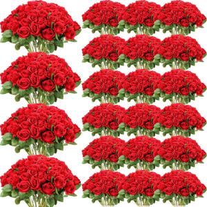 Riceshoot 500 Pcs Artificial Silk Roses Flowers with Long Stem Bridal Wedding Bouquet Realistic Floral Bulks for Garden Home Party Gifts Favor Decoration(Red)