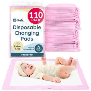 Reli. Disposable Changing Pads for Baby (110 Pack) | 13" x 18" Pink Disposable Diaper Changing Pad Liners | Super Absorbent, Leak-Proof | Waterproof, Quick Dry Underpads