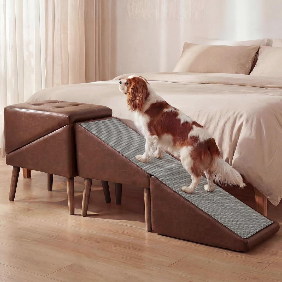 Dog Ramp for Bed, Wooden 23.62'' H Dog Stairs for Small/Medium-Sized Dogs and All Cats, Washable Non-Slip Silicone Surface pet Ramp, Foldable 2-in-1 Split Ottoman Design