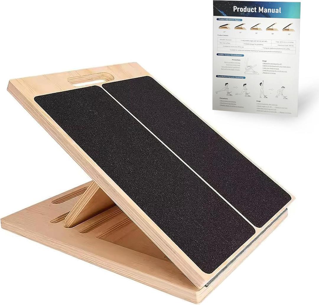 Adjustable 16.5"12" Wooden Slant Board 5-Angle Foldable Calf Stretcher & Squat Wedge for Home-Gym, Portable Incline Board, 350 lb Rated, 16.5" 12" 1.8"