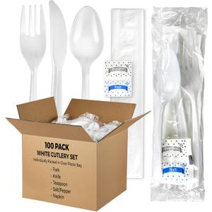 100 Pack Medium Weight Wrapped white Plastic Cutlery Pack with Napkin and Salt/Pepper Packets (White)