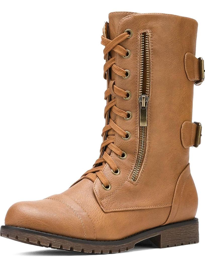 DREAM PAIRS Women's Mid Calf Built-in Wallet Pocket Lace up Military Combat Boots 7.5