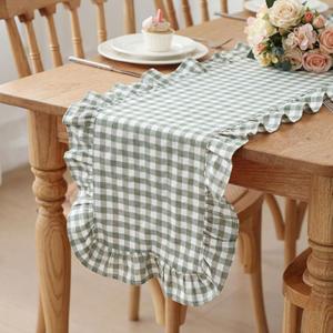 HunnmingRe 1 Pcs Sage Green Plaid Gingham Ruffle Table Runner 118 x 13.8'' Farmhouse Table Runner 100% Cotton Scalloped Long Dresser Scarves for Dining Room, Wedding, Kitchen Rustic Home Decor