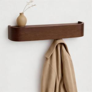 MTZ Solid Wooden Wall Mounted Coat Rack with Shelf & 5 Hidden Hooks Modern Entryway Coat Hanger, Wood Coat Rack for Jackets, Bags & Keys, Minimalist Wall Hook Rack (Walnut)