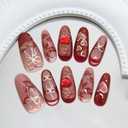 Red Press on Nails Heart Diamond Fake Nails with Cherry Design Bow Glue on Nail Glitter Medium Almond Stick on Nails Glossy Full Cover Acrylic Lip Print False Nail for Women Manicure 24Pcs