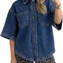 Women's Denim Shirt, Button Down Short Sleeve Jean Shirts Casual Top Outfits Trendy (X-Large, Dark Blue)