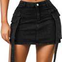 Womens Low Waist Denim Skirt Button Mini Cargo Jean Y2K Skirts with Pockets (Black, L)