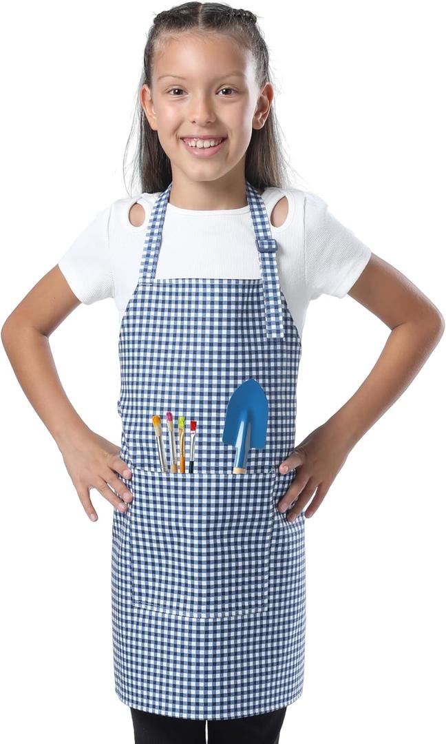 Kids Aprons for Cooking Waterdrop Resistant Aprons for Girl & Boy Toddler Apron for Painting, Gardening, Baking, Smock (Plaid Navy Blue, Medium (6-10 years)