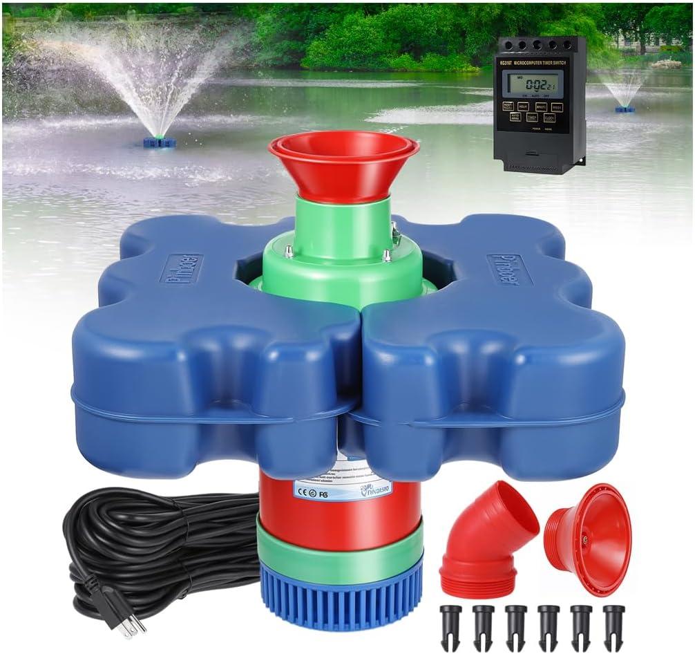 Pond Fountain Aerator with Time Controller-15000 GPH,110V 1HP 750W Floating Fountain Aeration System for Large Ponds,Aerating Fountain Pump for Outdoor Ponds & Lakes with 15A/100FT Power Cord (No Lights)