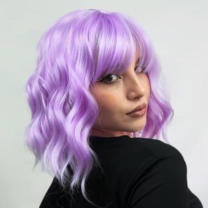Purple Wig with Bangs Short Light Purple Wigs for Women, Lavender Purple Bob Wavy Wig Synthetic Cosplay Wigs for Party Halloween Party