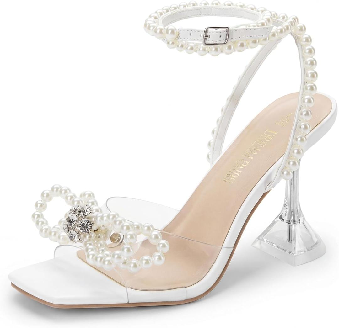 DREAM PAIRS Stiletto Bow Heels for Women Strappy Sparkly Rhinestone Square Toe Clear Crystal High Sandals for Party Wedding (10, White-pearl)